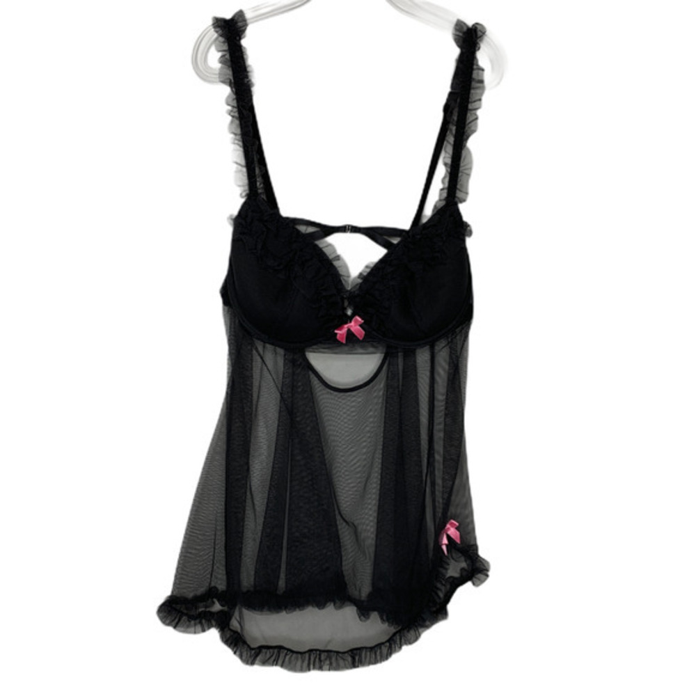 Victorias Secret Womens Size 34C Black Sheer Babydoll Nightgown Ruffle Pink Bows